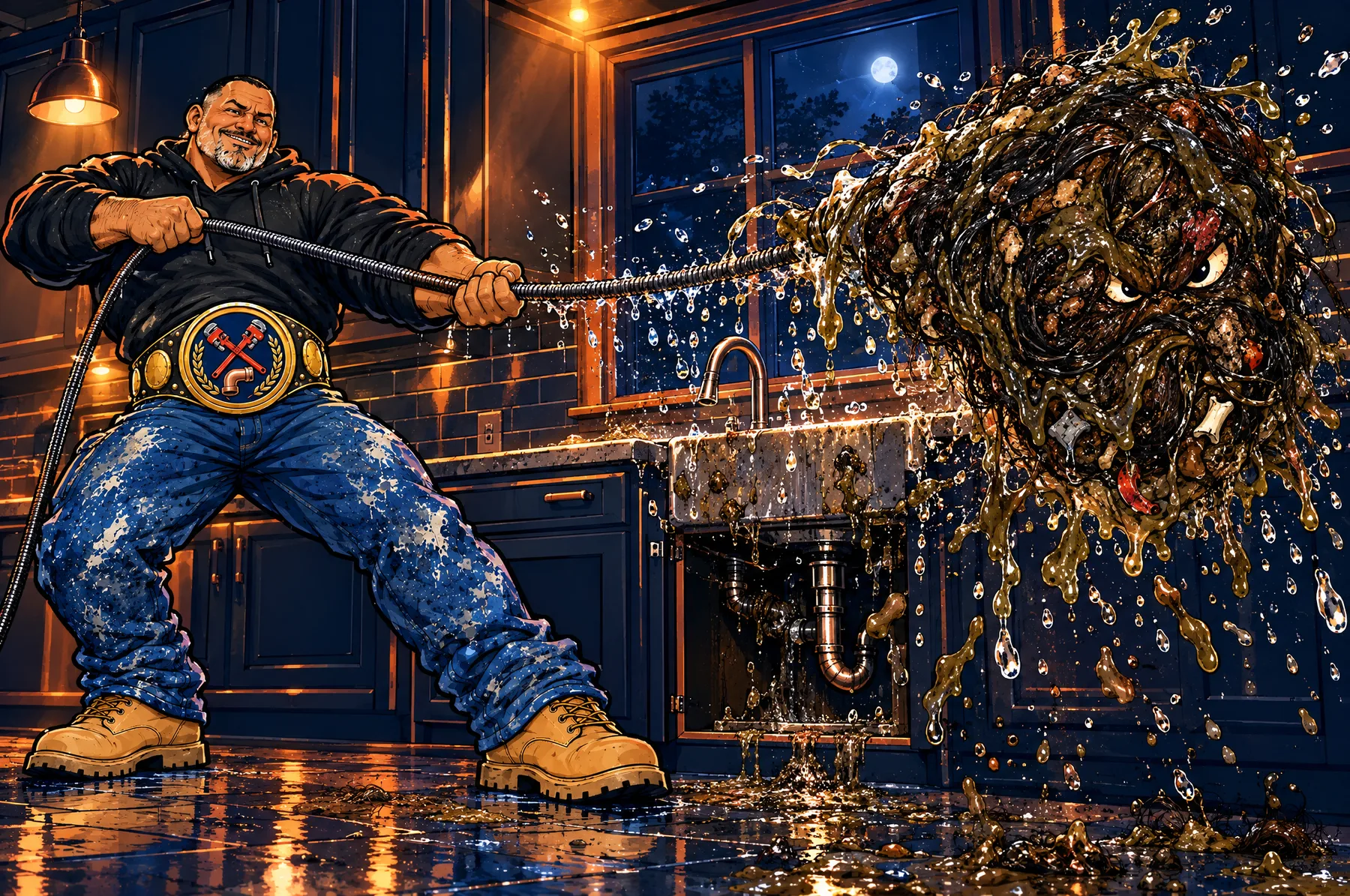 Cartoon of Big Mike pulling a drain snake out of a kitchen sink with a giant hair-and-grease clog on the end