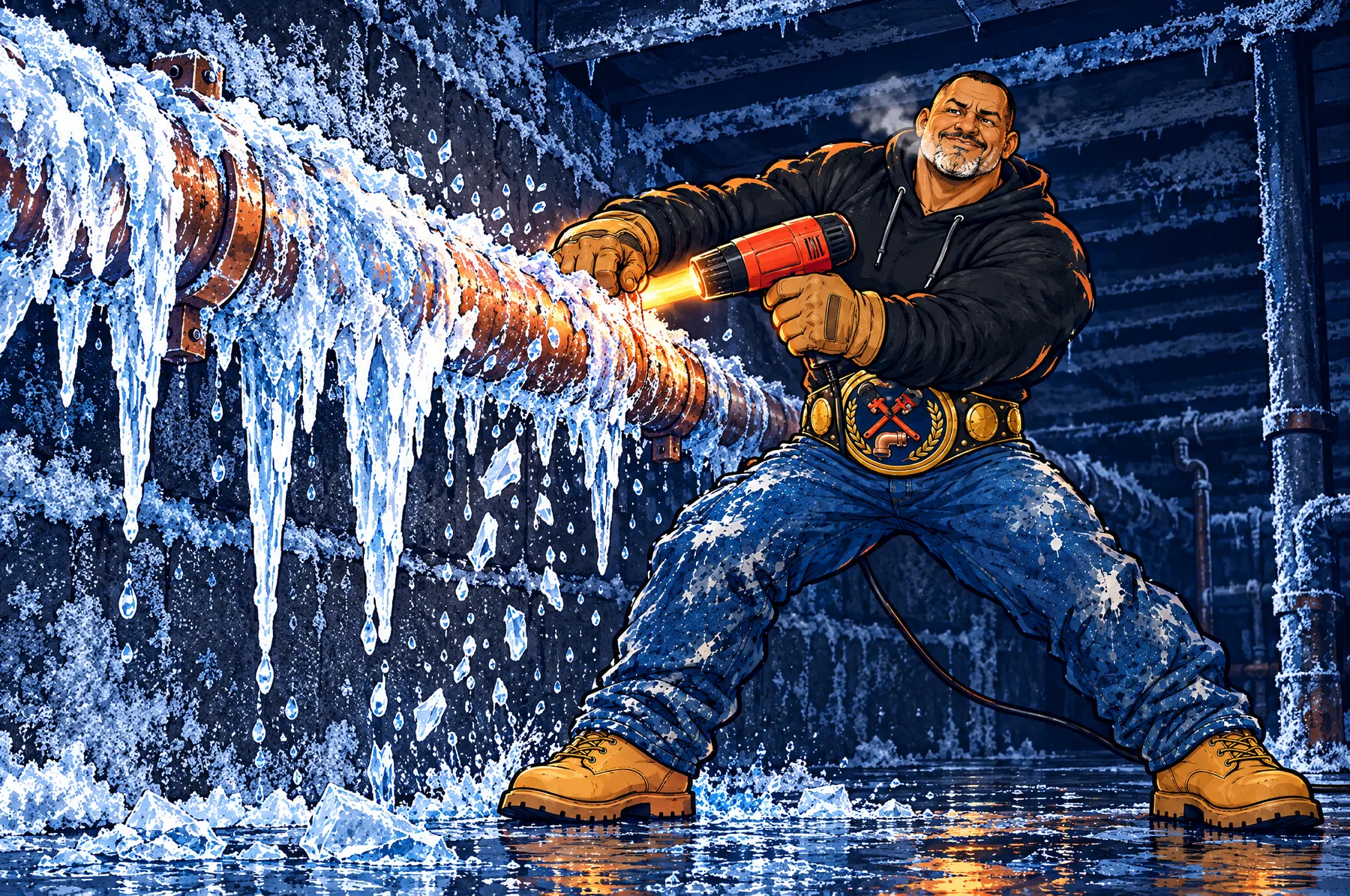 Cartoon of Big Mike thawing a frozen pipe in a cold crawl space