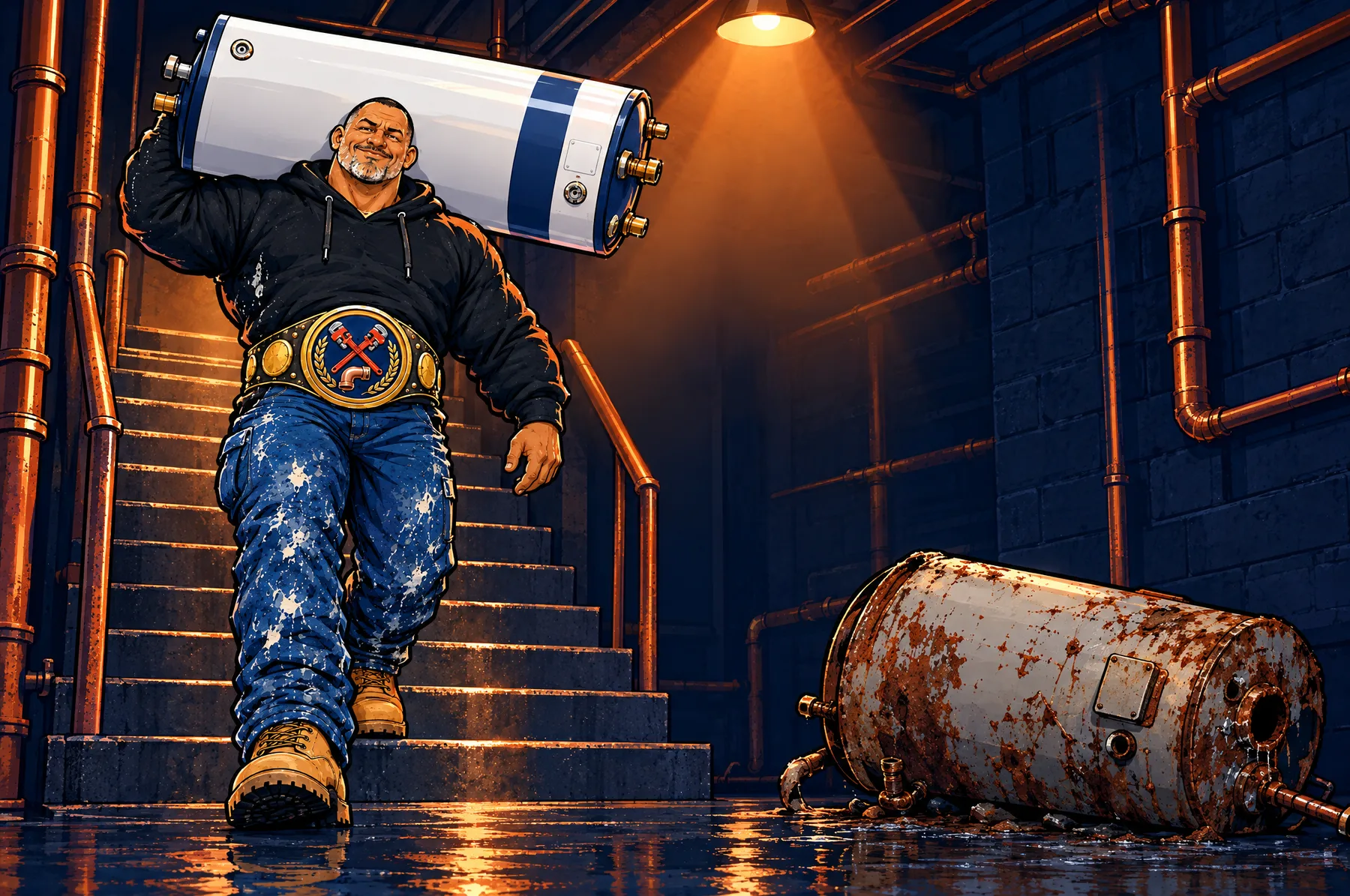 Cartoon of Big Mike carrying a new water heater on his shoulder down basement stairs
