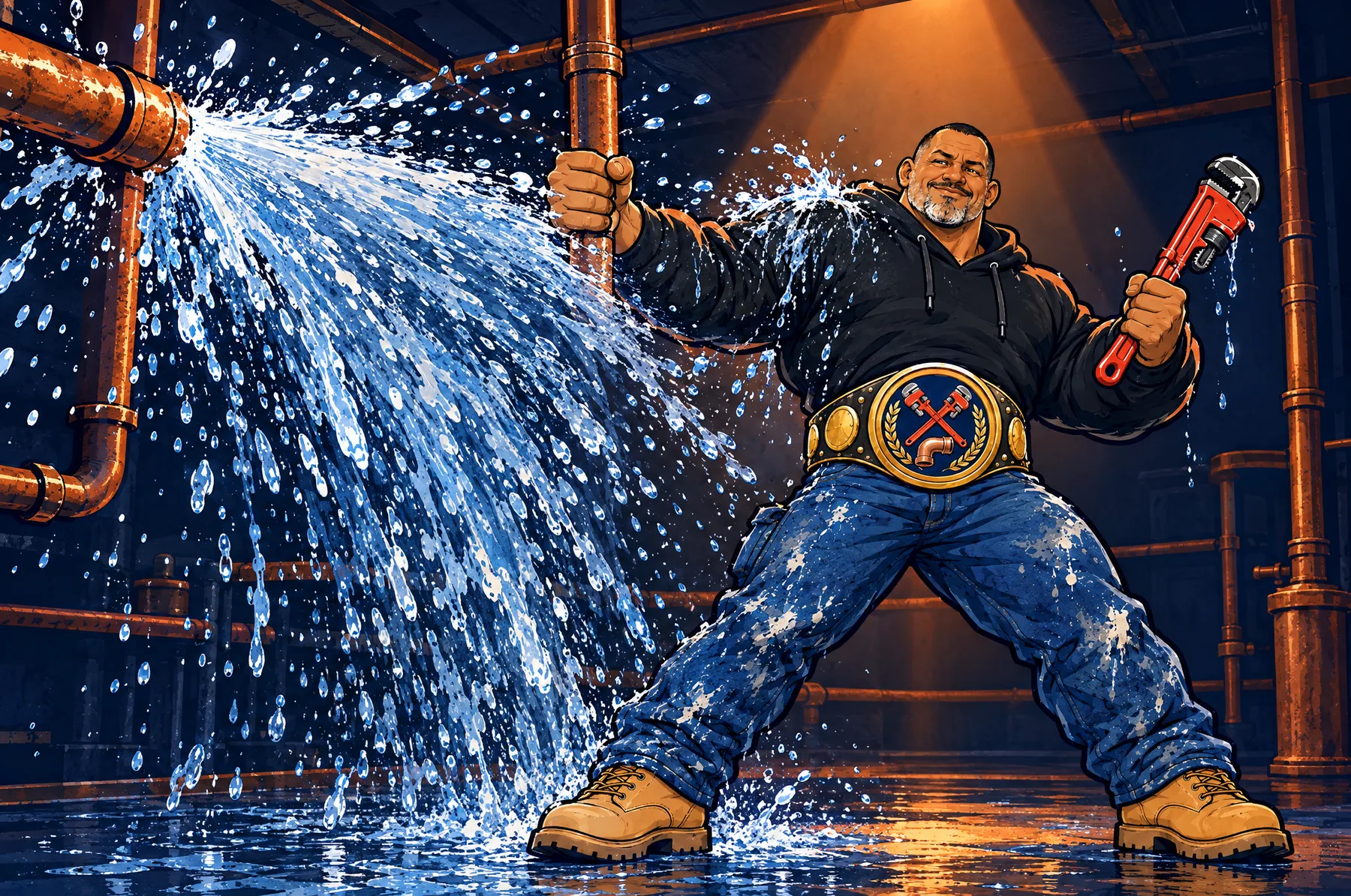 Cartoon of Big Mike clamping a burst copper pipe in a basement while water sprays at him