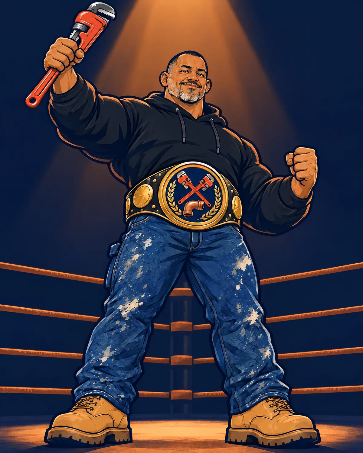 Cartoon of Big Mike in a boxing ring, wrench raised like a trophy, championship belt with the Mikey Pipes It badge