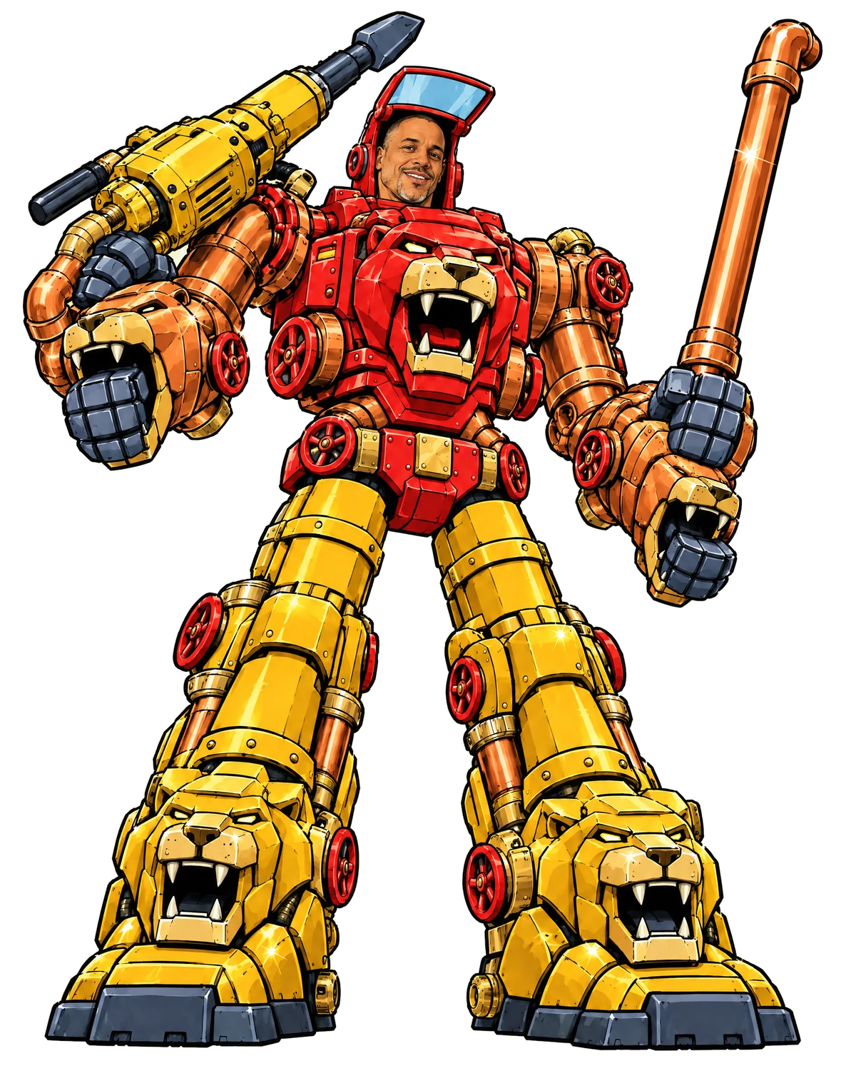 Mega Mike: Big Mike's face in the helmet of a giant robot made of five plumbing lions, a jackhammer on one shoulder and a copper pipe raised in the other hand