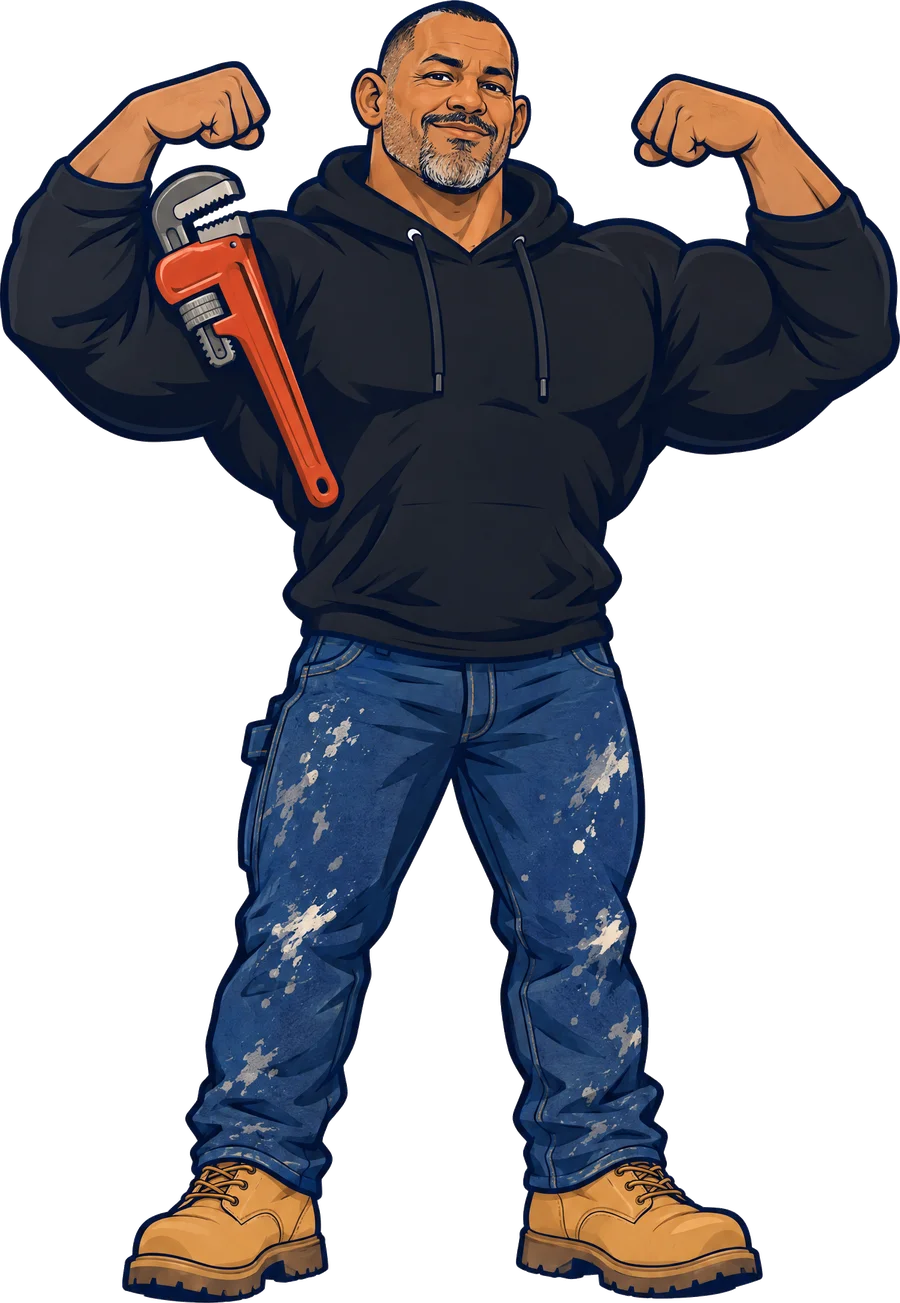 Cartoon of Big Mike flexing, pipe wrench under his arm, in a black hoodie and work jeans