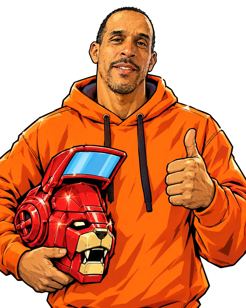 Cartoon of Big Mike in his orange hoodie, the red lion helmet under one arm, giving a thumbs up